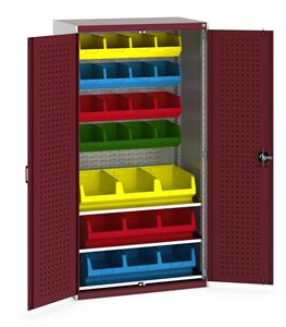 40021118.** Bott cubio kitted cupboard with lockable steel perfo lined doors 1050mm wide x 650mm deep x 2000mm high.  Supplied with 3 metal shelves, Louvre back panels and 25 open fronted plastic containers.   Bin specification: 16 x no.4, 9 x no.5...